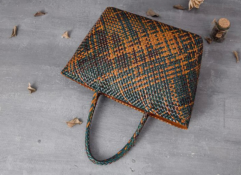 Handmade Woven Cowhide Leather Bucket Tote Bag – Romantic Beach Shoulder Handbag for Women