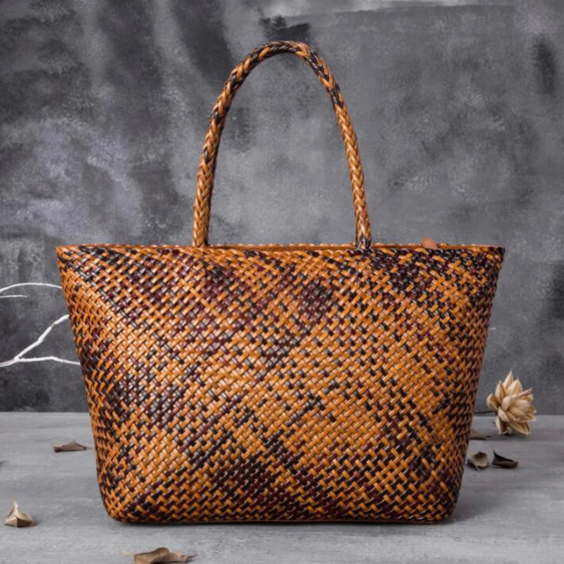 Handmade Woven Cowhide Leather Bucket Tote Bag – Romantic Beach Shoulder Handbag for Women