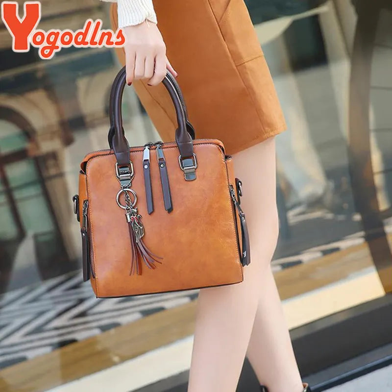 Vintage Cat Tassel Shell Crossbody Handbag – PU Leather Shoulder Tote for Women