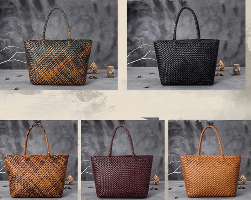 Handmade Woven Cowhide Leather Bucket Tote Bag – Romantic Beach Shoulder Handbag for Women