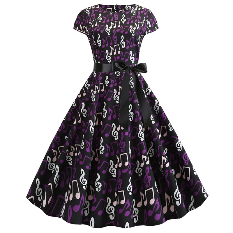 Women Summer Music Note Print Dress 50s 60s Robe Retro Swing Casual Vintage Party Dresses Vestidos