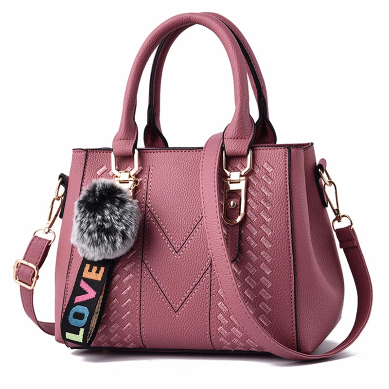 Embroidery Leather Messenger Bag – Women's Handbag with Hair Ball Charm in 12 Colors