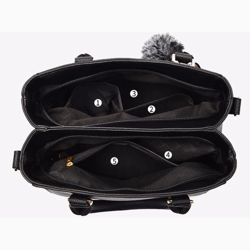 Embroidery Leather Messenger Bag – Women's Handbag with Hair Ball Charm in 12 Colors