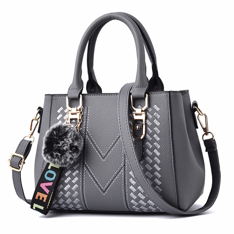Embroidery Leather Messenger Bag – Women's Handbag with Hair Ball Charm in 12 Colors