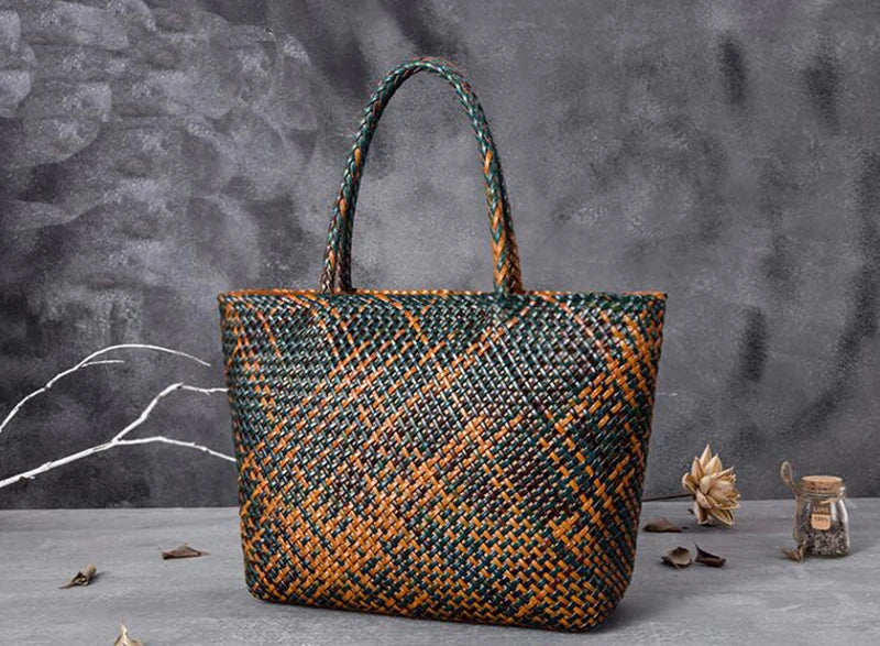 Handmade Woven Cowhide Leather Bucket Tote Bag – Romantic Beach Shoulder Handbag for Women