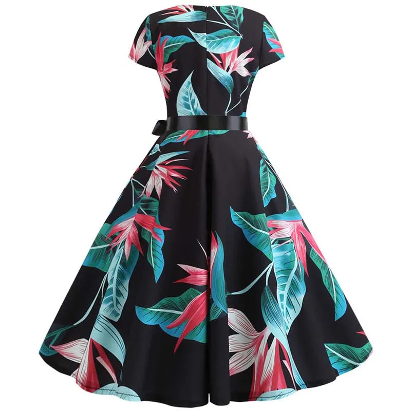 Women Summer Music Note Print Dress 50s 60s Robe Retro Swing Casual Vintage Party Dresses Vestidos