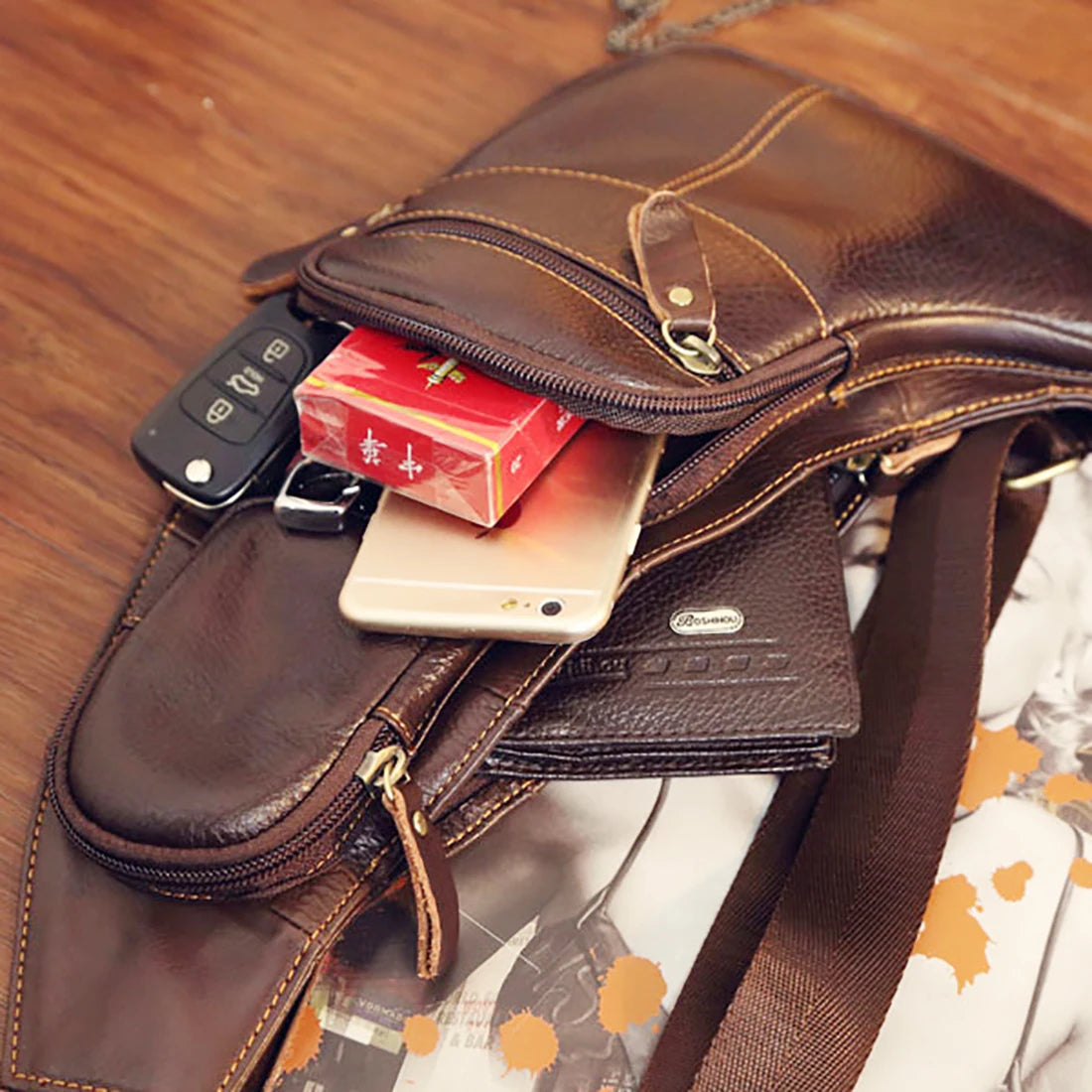 HAOSHUAI Men’s Genuine Leather Crossbody Sling Bag – Vintage Half-Moon, Zipper, Travel & Casual, Black & Coffee