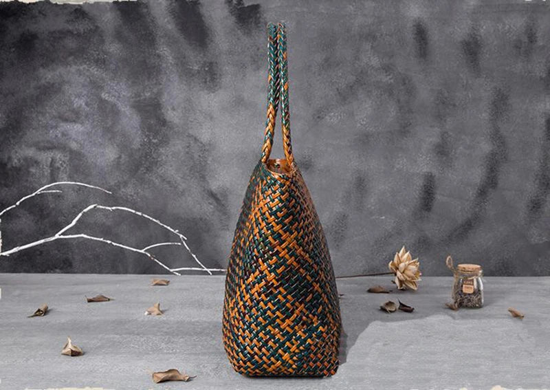 Handmade Woven Cowhide Leather Bucket Tote Bag – Romantic Beach Shoulder Handbag for Women