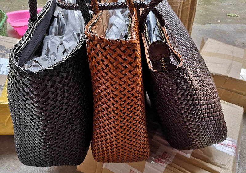 Handmade Woven Cowhide Leather Bucket Tote Bag – Romantic Beach Shoulder Handbag for Women