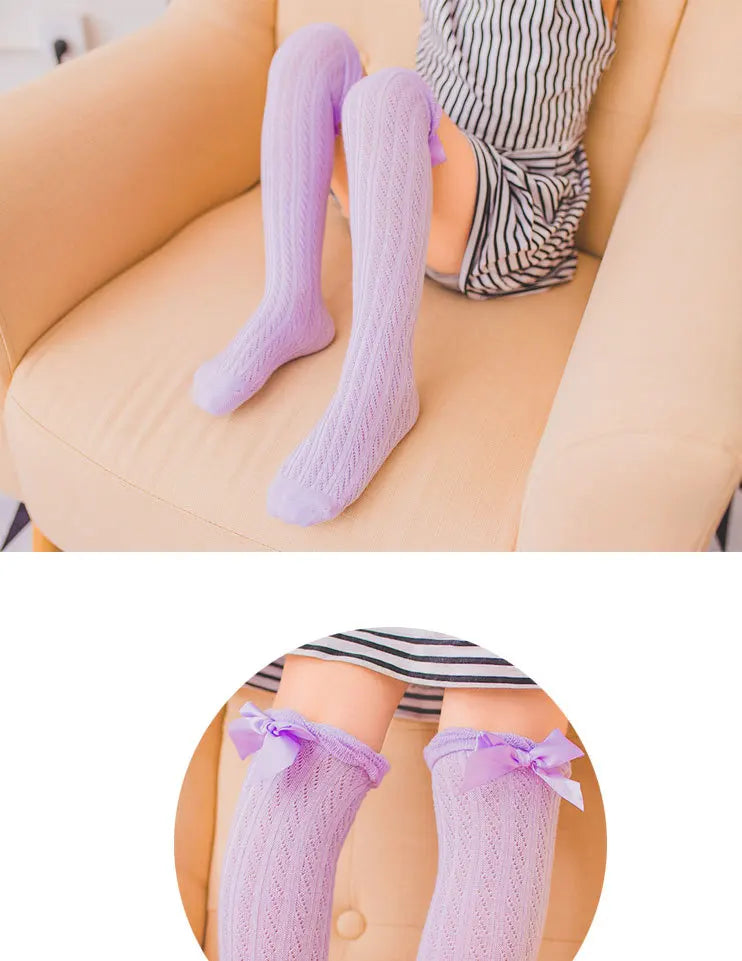 Girls’ Knee-High Bow Cartoon Socks — Ages 2–12
