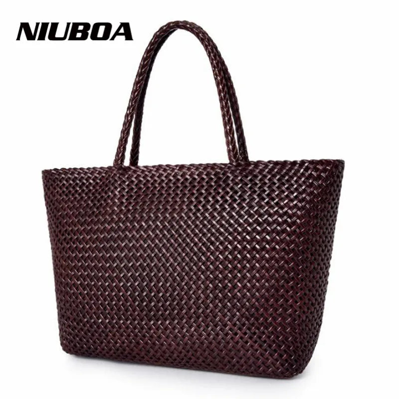 Handmade Woven Cowhide Leather Bucket Tote Bag – Romantic Beach Shoulder Handbag for Women