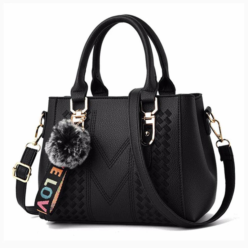 Embroidery Leather Messenger Bag – Women's Handbag with Hair Ball Charm in 12 Colors