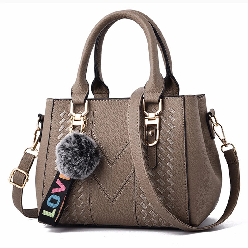 Embroidery Leather Messenger Bag – Women's Handbag with Hair Ball Charm in 12 Colors