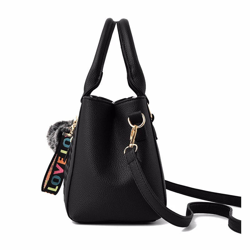 Embroidery Leather Messenger Bag – Women's Handbag with Hair Ball Charm in 12 Colors