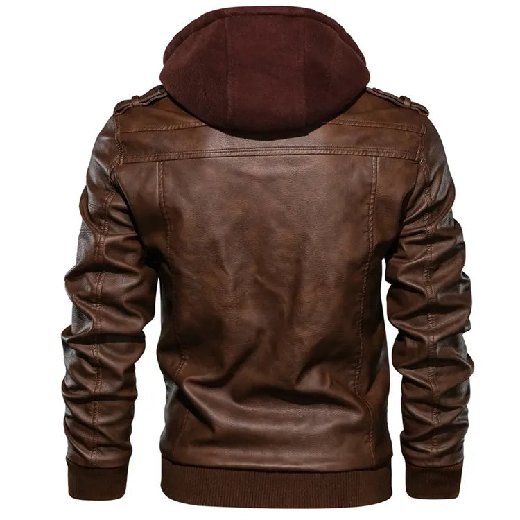 Men's Faux Leather Biker Jacket – Detachable Hood