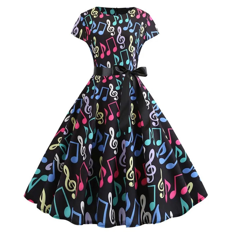 Women Summer Music Note Print Dress 50s 60s Robe Retro Swing Casual Vintage Party Dresses Vestidos