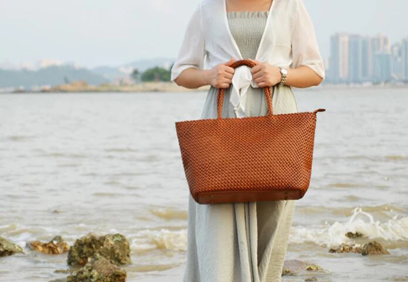 Handmade Woven Cowhide Leather Bucket Tote Bag – Romantic Beach Shoulder Handbag for Women