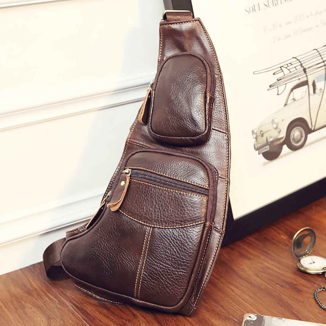 HAOSHUAI Men’s Genuine Leather Crossbody Sling Bag – Vintage Half-Moon, Zipper, Travel & Casual, Black & Coffee