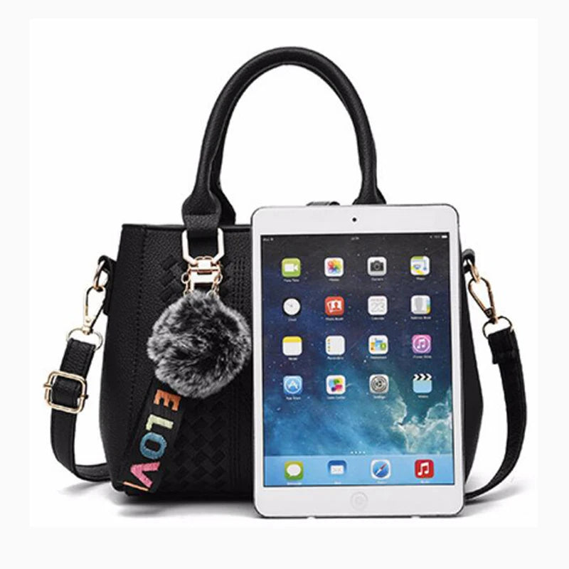 Embroidery Leather Messenger Bag – Women's Handbag with Hair Ball Charm in 12 Colors