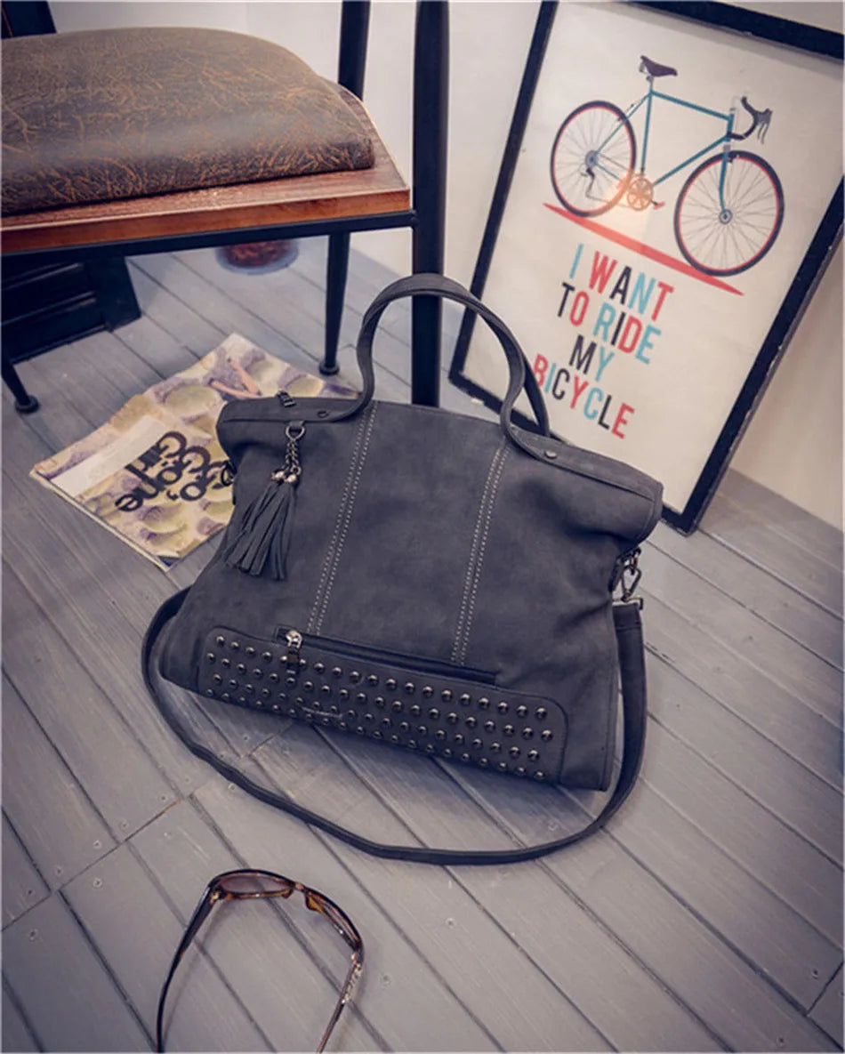 Luxury Matte Faux Suede Large Tote Bag – Vintage Rivet Tassel Handbag for Women