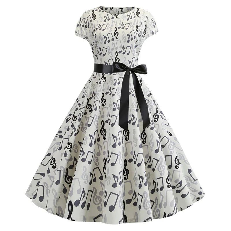 Women Summer Music Note Print Dress 50s 60s Robe Retro Swing Casual Vintage Party Dresses Vestidos