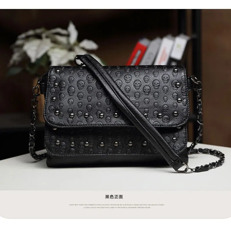 JIEROTYX England Style Skull Print PU Leather Crossbody Bag – Rivet Chain Shoulder Clutch for Women