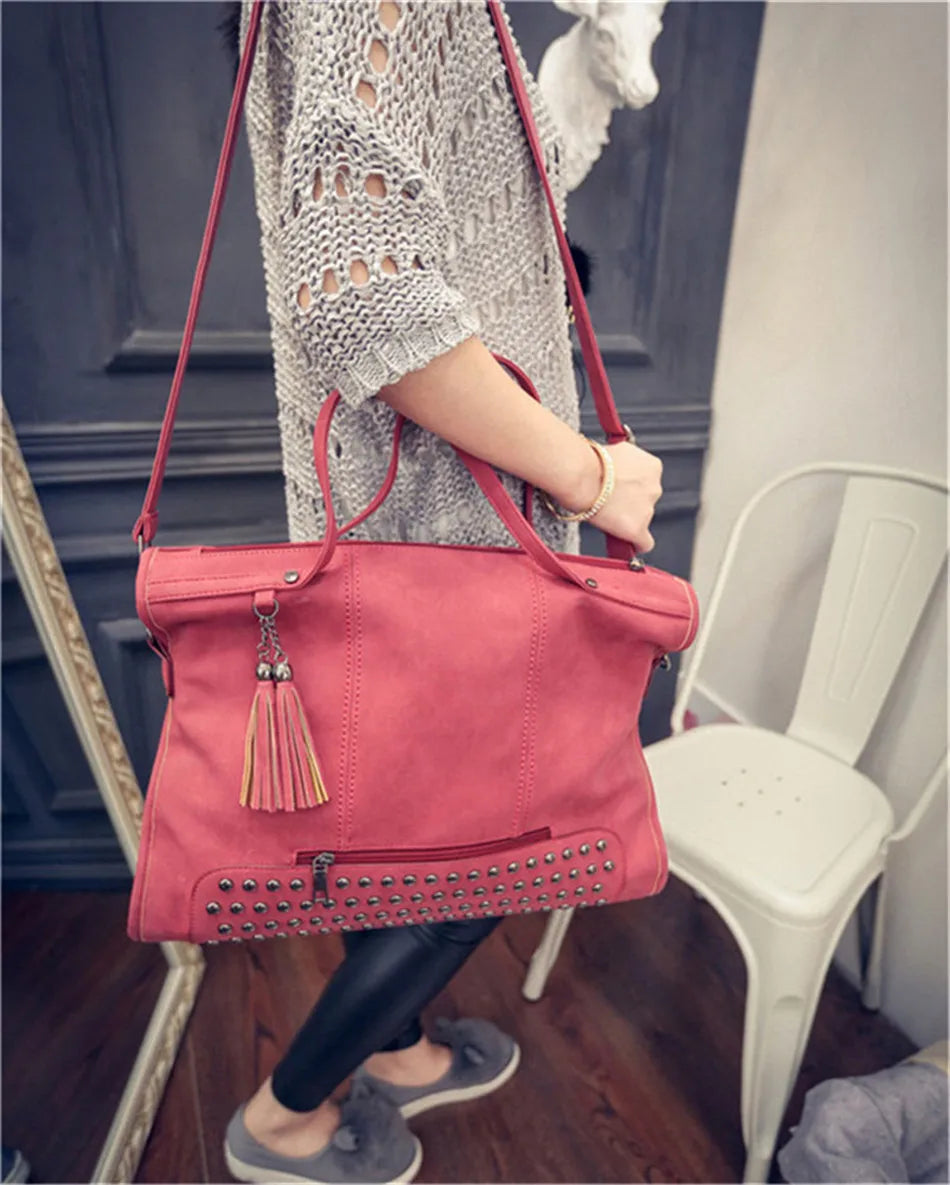 Luxury Matte Faux Suede Large Tote Bag – Vintage Rivet Tassel Handbag for Women