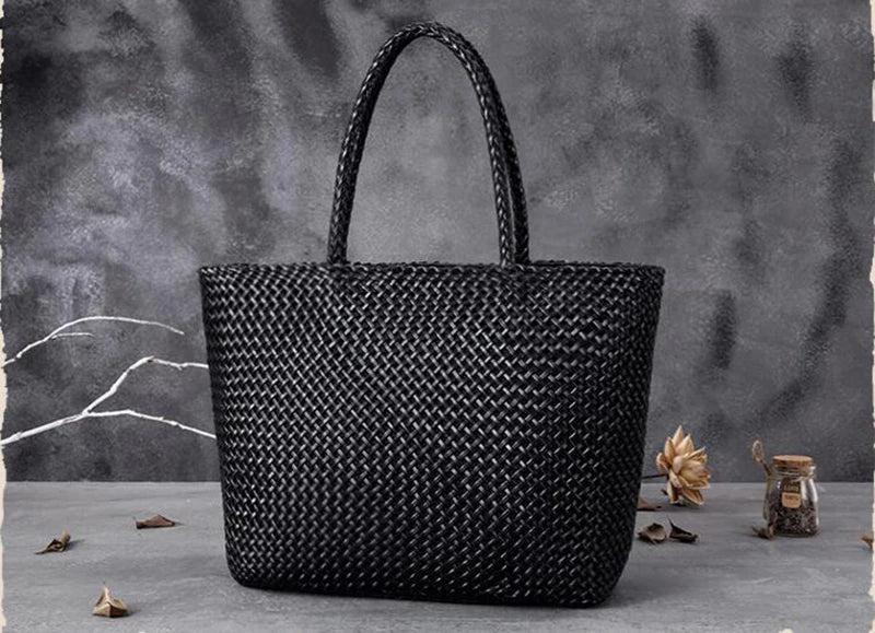 Handmade Woven Cowhide Leather Bucket Tote Bag – Romantic Beach Shoulder Handbag for Women