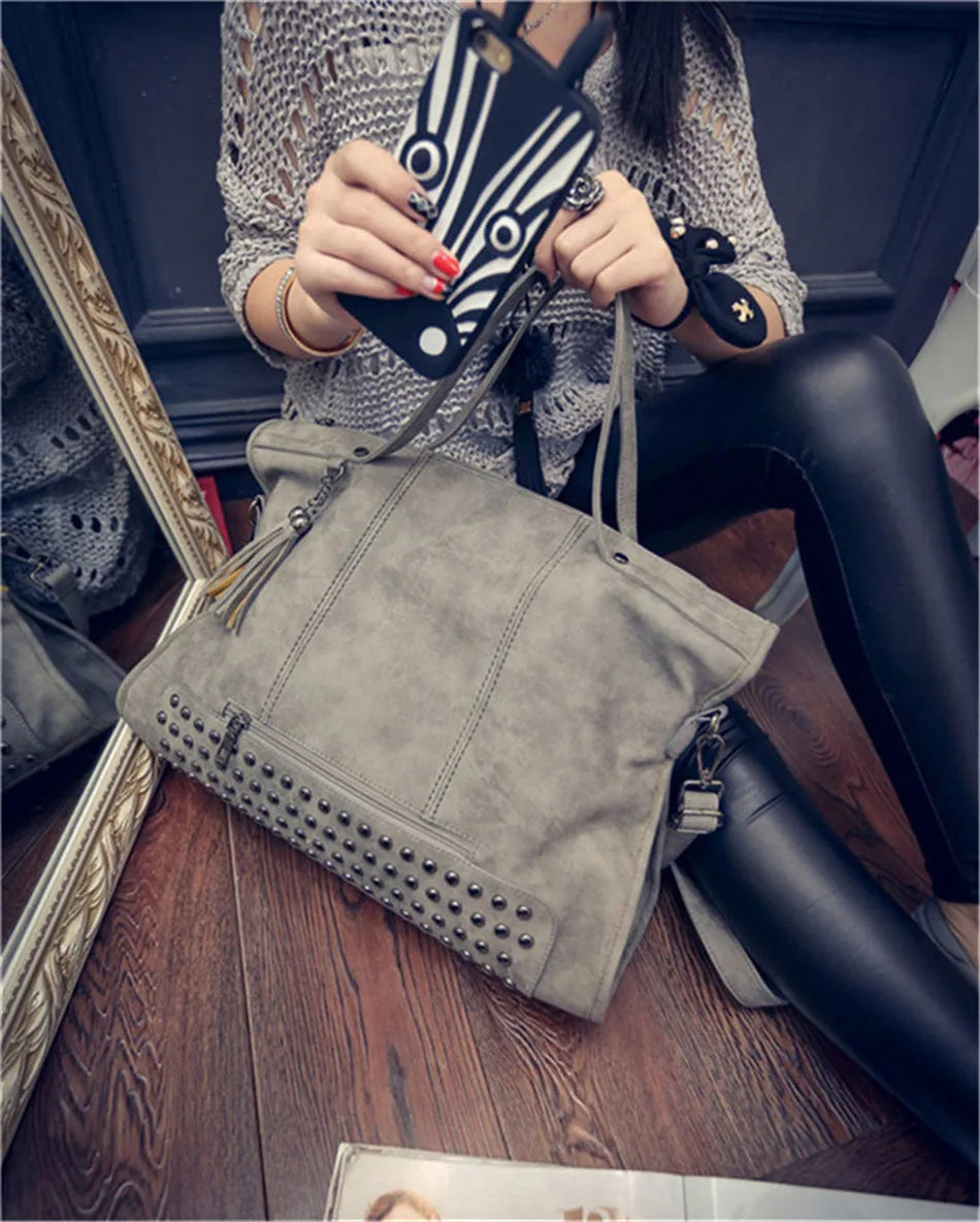 Luxury Matte Faux Suede Large Tote Bag – Vintage Rivet Tassel Handbag for Women
