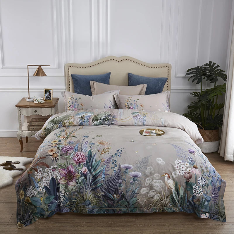 600TC Egyptian Cotton Bedding Set – Birds & Flowers Leaf Print, 16 Colors, Queen to US King