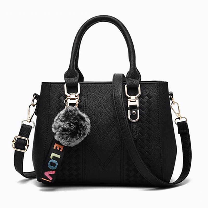 Embroidery Leather Messenger Bag – Women's Handbag with Hair Ball Charm in 12 Colors