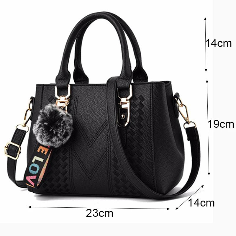 Embroidery Leather Messenger Bag – Women's Handbag with Hair Ball Charm in 12 Colors