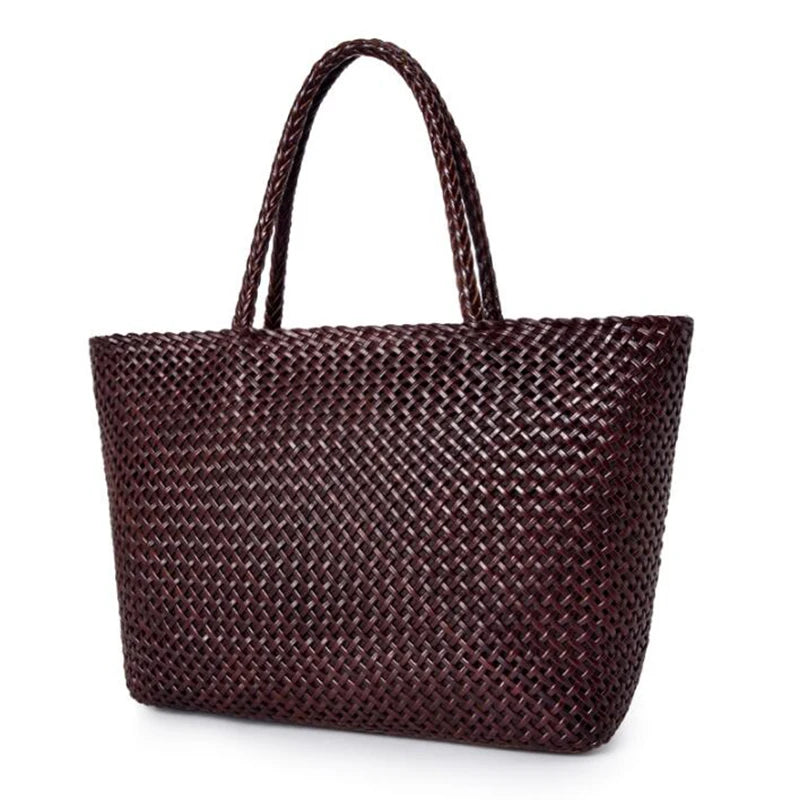 Handmade Woven Cowhide Leather Bucket Tote Bag – Romantic Beach Shoulder Handbag for Women