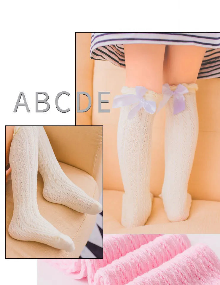 Girls’ Knee-High Bow Cartoon Socks — Ages 2–12