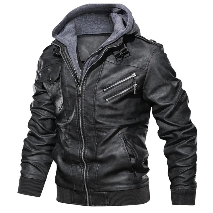 Men's Faux Leather Biker Jacket – Detachable Hood