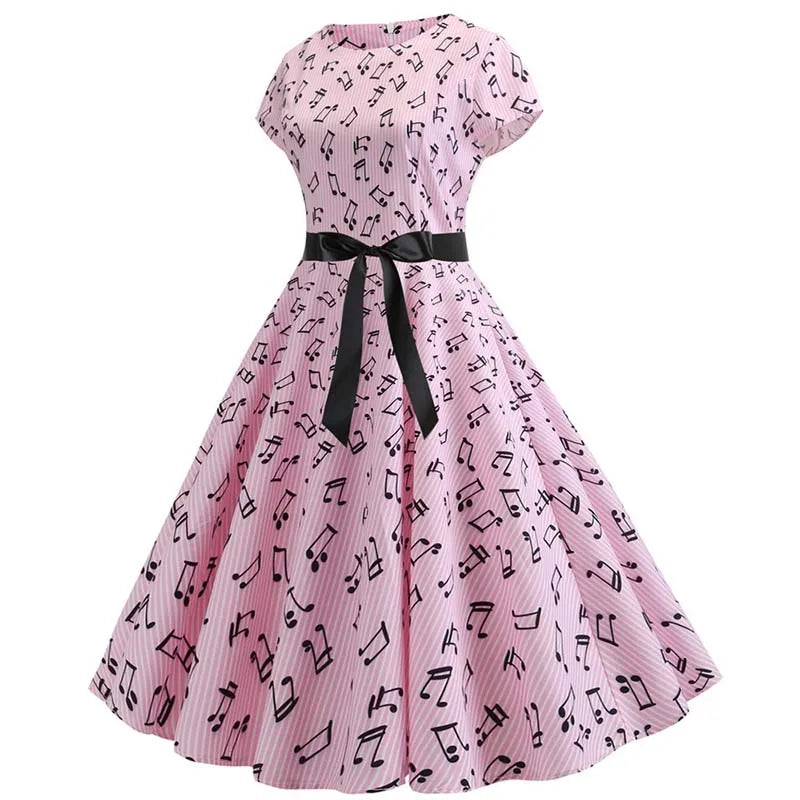 Women Summer Music Note Print Dress 50s 60s Robe Retro Swing Casual Vintage Party Dresses Vestidos