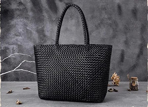 Handmade Woven Cowhide Leather Bucket Tote Bag – Romantic Beach Shoulder Handbag for Women