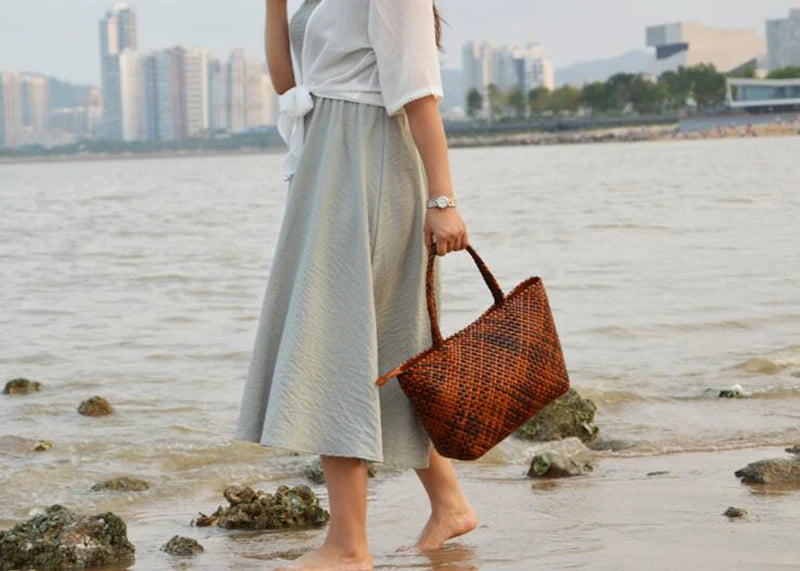 Handmade Woven Cowhide Leather Bucket Tote Bag – Romantic Beach Shoulder Handbag for Women