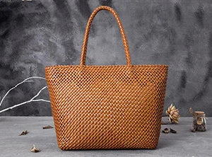 Handmade Woven Cowhide Leather Bucket Tote Bag – Romantic Beach Shoulder Handbag for Women