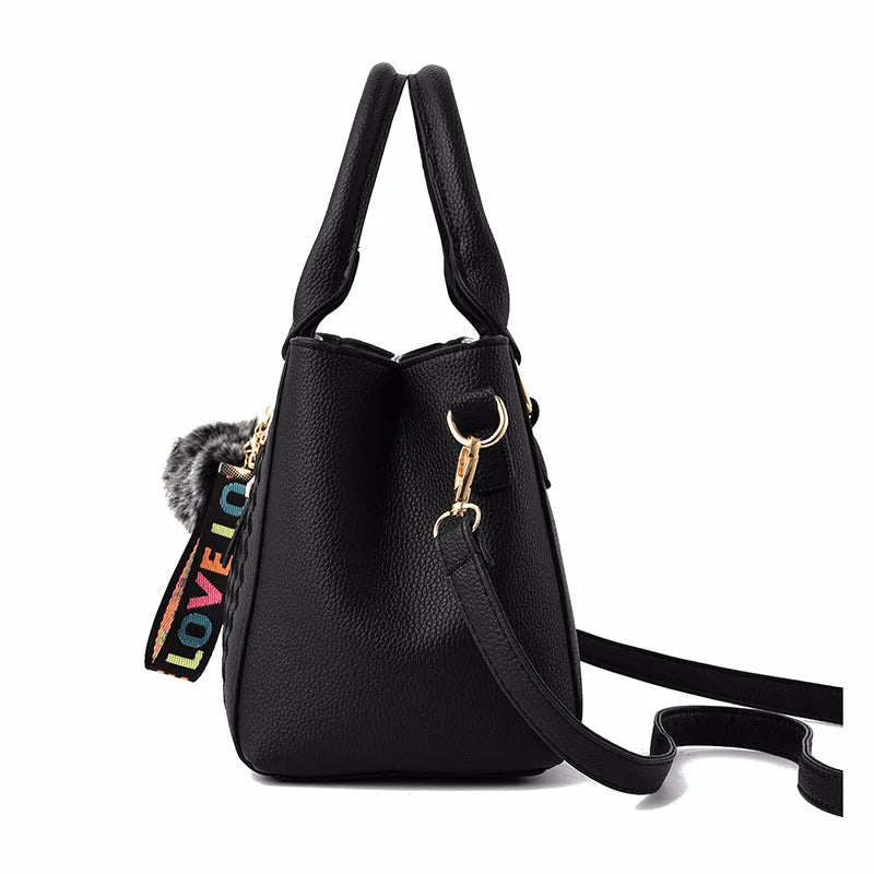 Embroidery Leather Messenger Bag – Women's Handbag with Hair Ball Charm in 12 Colors