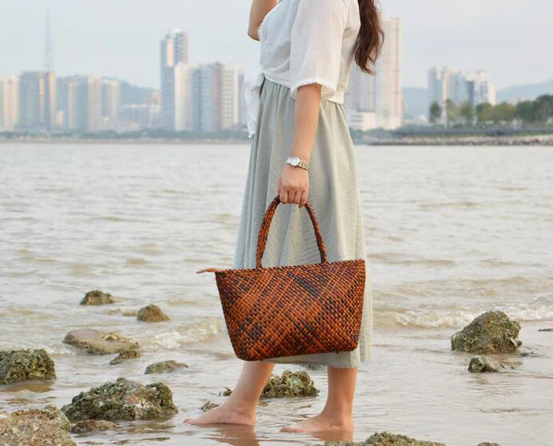 Handmade Woven Cowhide Leather Bucket Tote Bag – Romantic Beach Shoulder Handbag for Women
