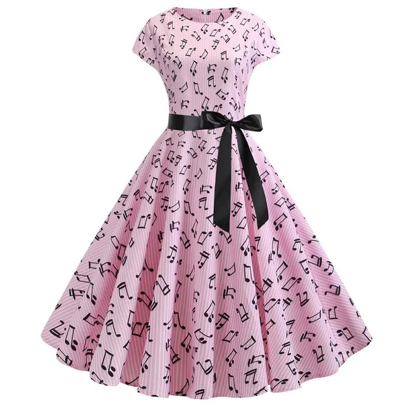 Women Summer Music Note Print Dress 50s 60s Robe Retro Swing Casual Vintage Party Dresses Vestidos