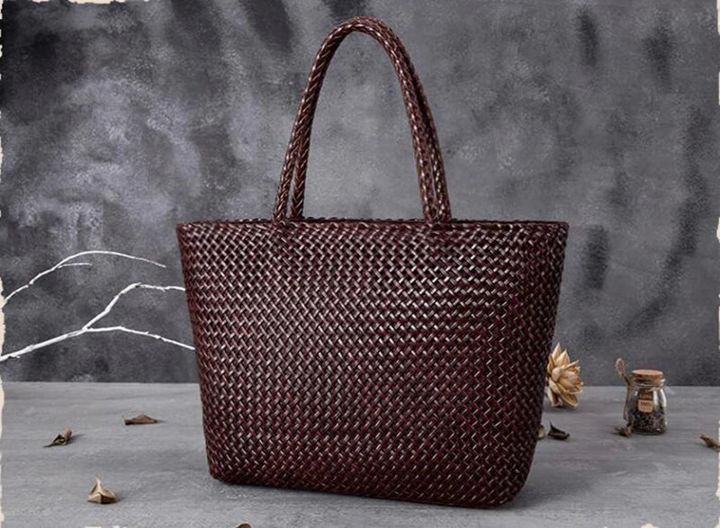 Handmade Woven Cowhide Leather Bucket Tote Bag – Romantic Beach Shoulder Handbag for Women