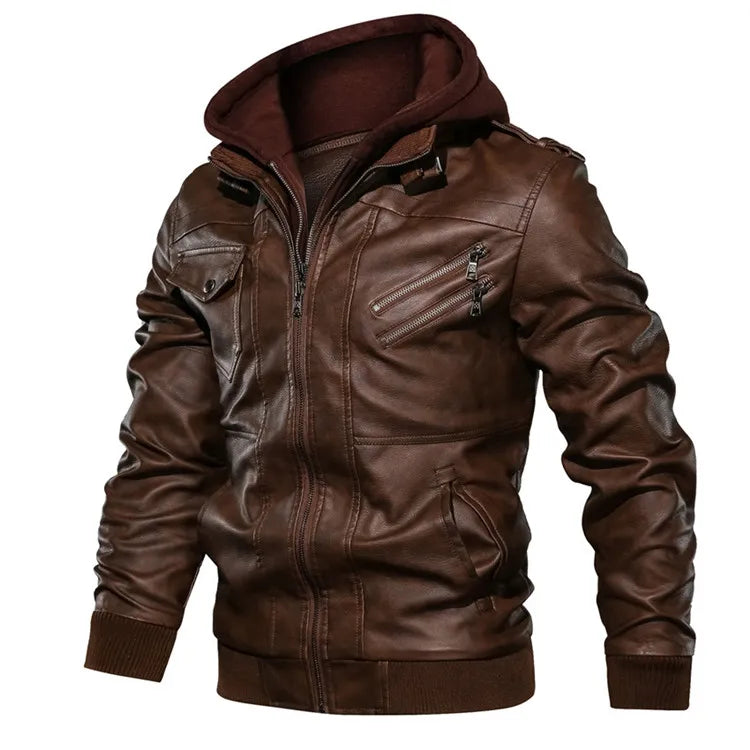 Men's Faux Leather Biker Jacket – Detachable Hood