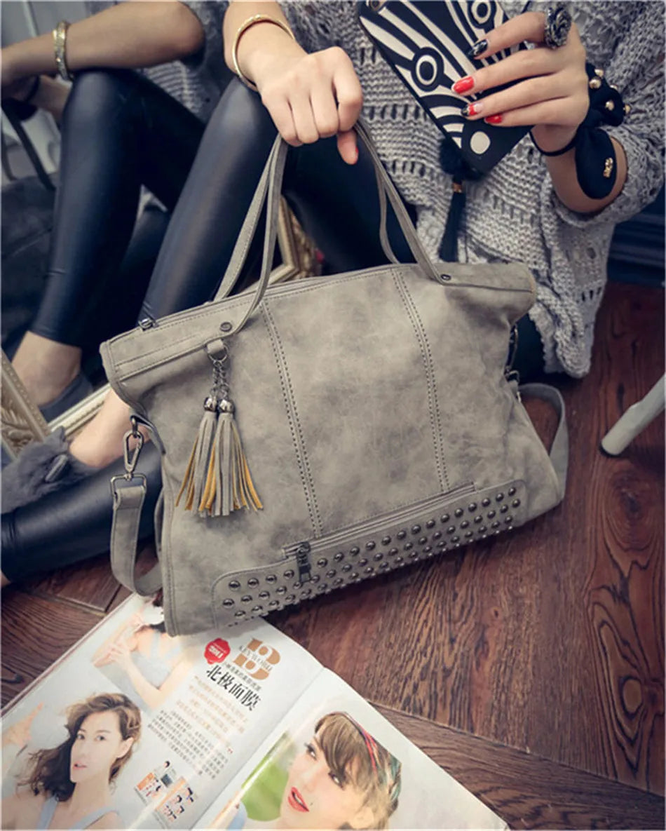 Luxury Matte Faux Suede Large Tote Bag – Vintage Rivet Tassel Handbag for Women