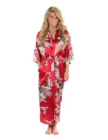 Silk Floral Bridesmaid Kimono Robe | Long Satin Bridal Dressing Gown