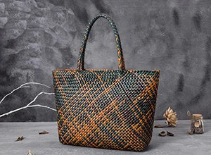 Handmade Woven Cowhide Leather Bucket Tote Bag – Romantic Beach Shoulder Handbag for Women
