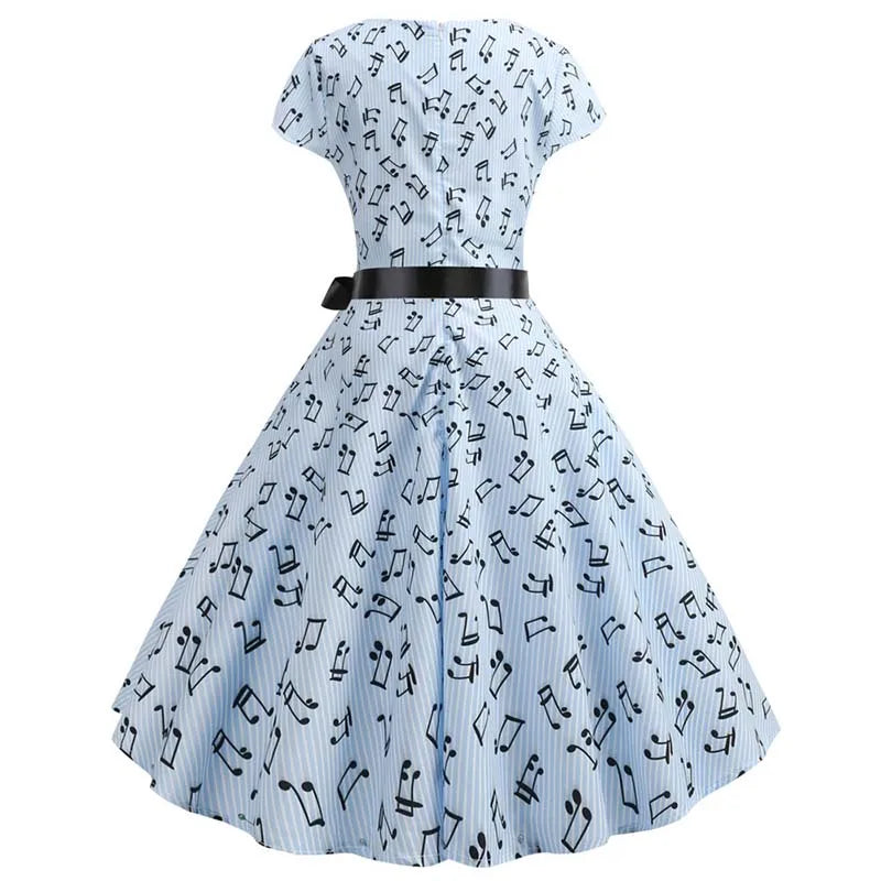 Women Summer Music Note Print Dress 50s 60s Robe Retro Swing Casual Vintage Party Dresses Vestidos