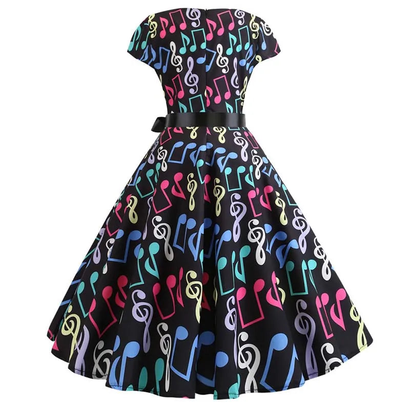 Women Summer Music Note Print Dress 50s 60s Robe Retro Swing Casual Vintage Party Dresses Vestidos