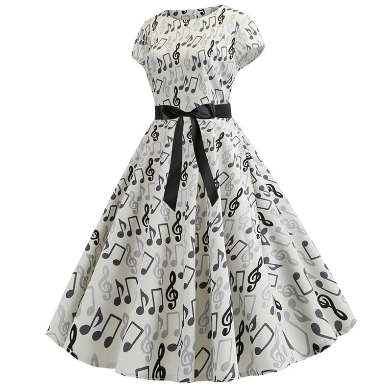 Women Summer Music Note Print Dress 50s 60s Robe Retro Swing Casual Vintage Party Dresses Vestidos